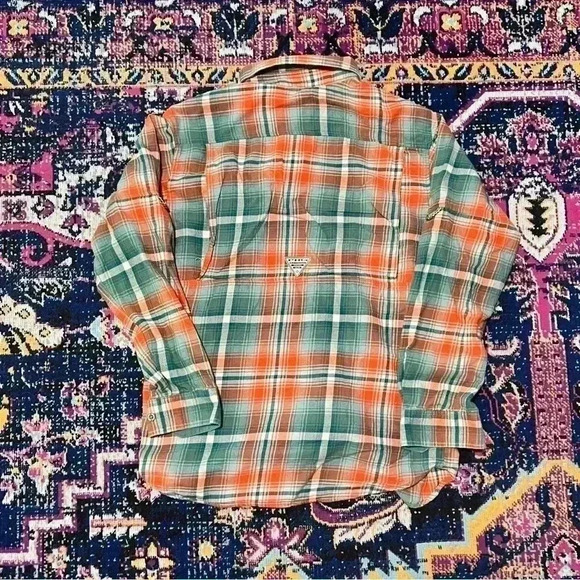 Columbia Mens Button Front Plaid‎ Cotton Flannel Shirt Medium Orange Long Sleeve - Picture 2 of 2